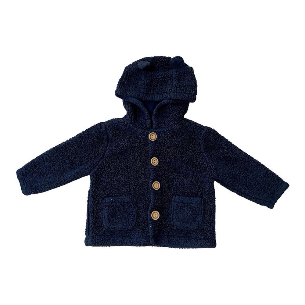 GAP Baby Bear Ear Hooded Sherpa Jacket 12 18 Months Navy Blue Cozy Neutral Warm
